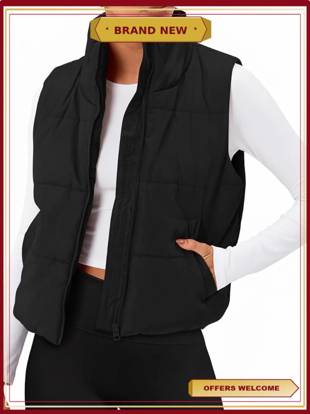 Women's Sleeveless Quilted Puffer Vest Lightweight Stand-up Collar with Pockets